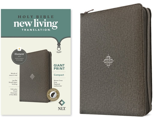 NLT Compact Giant Print Zipper Bible, Filament Enabled (Leatherlike, Woven Cross Gray, Indexed, Red Letter) by Tyndale